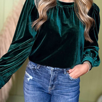 Ruched Round Neck Long Sleeve Blouse