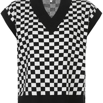 Full Size Checkered V-Neck Cap Sleeve Sweater