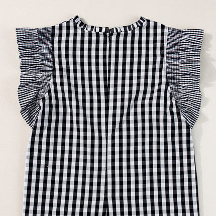 Ruffled Plaid Mock Neck Cap Sleeve Blouse