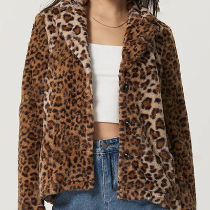 Fuzzy Leopard Collared Neck Jacket