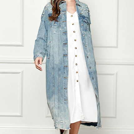 Veveret Full Size Distressed Raw Hem Pearl Detail Button Up Jacket