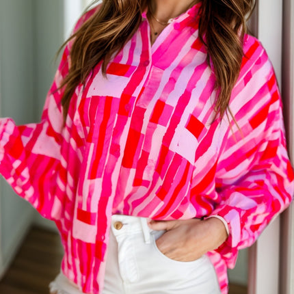 Color Block Collared Neck Long Sleeve Shirt