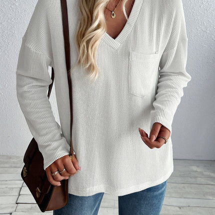 Double Take Pocketed Textured V-Neck Long Sleeve T-Shirt