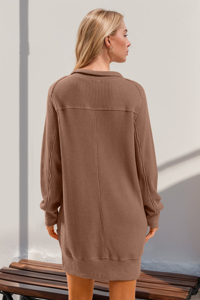 Double Take Waffle Long Sleeve Mini Dress with Pockets - Vickie Lynn's