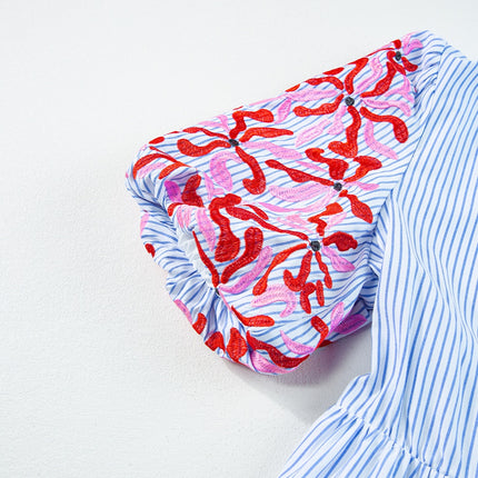 Embroidered Striped Notched Short Sleeve Dress