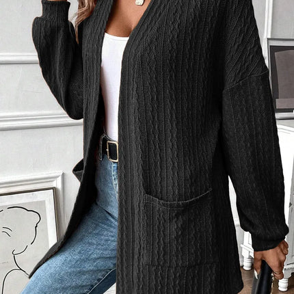 Textured Pocketed Open Front Long Sleeve Cover Up