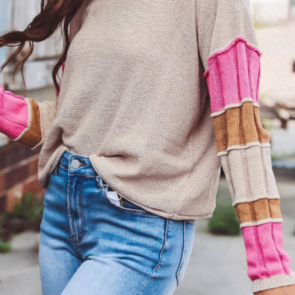 Color Block Round Neck Long Sleeve  Sweater