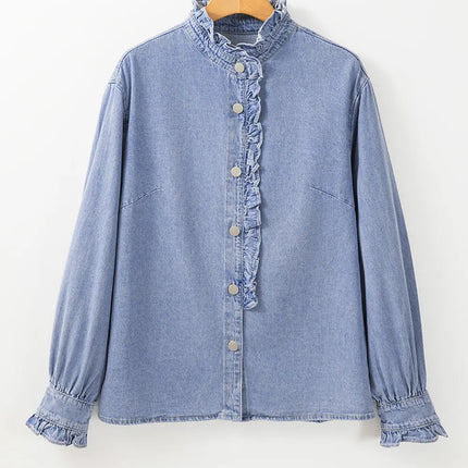 Frill Button Up Long Sleeve Denim Top