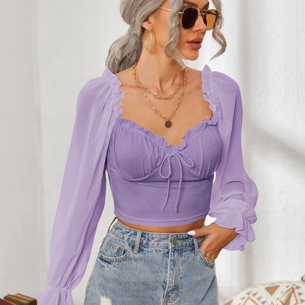 Mesh Sweetheart Neck Flounce Sleeve Top