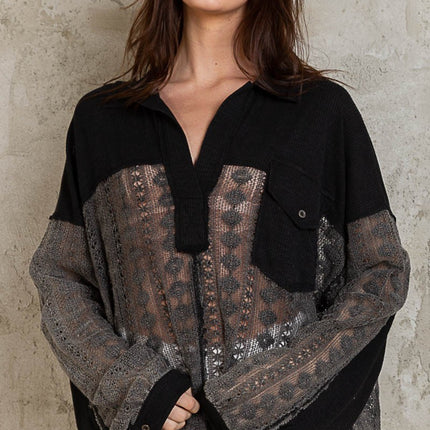 POL Johnny Collar Long Sleeve Lace Blouse