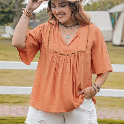 Plus Size Ruched Tie Neck Half Sleeve Blouse