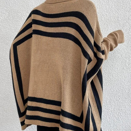 Striped Turtleneck Batwing Sleeve Sweater with Pockets