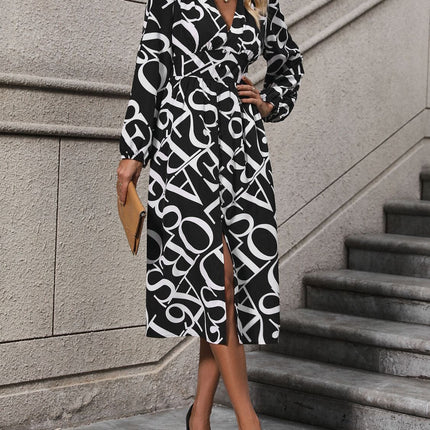 Printed V-Neck Long Sleeve Midi Dress