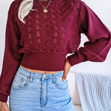 Openwork Mock Neck Long Sleeve Cropped Sweater