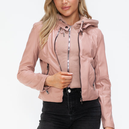 Snobbish Faux Leather Zip Up Drawstring Hooded Jacket