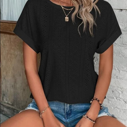 Eyelet Round Neck Short Sleeve T-Shirt