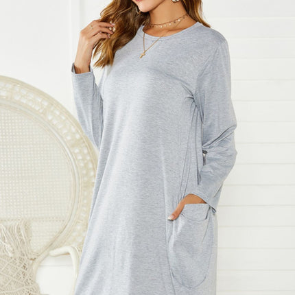 Pocketed Round Neck Long Sleeve Dress