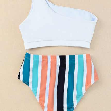 Striped One Shoulder Two-Piece Swim Set