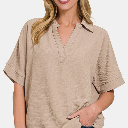 Zenana Texture Collared Neck Short Sleeve Top