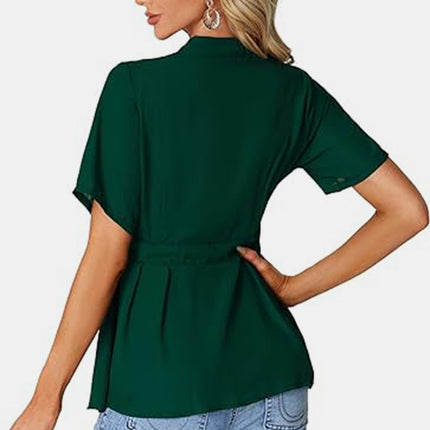 Tied Round Neck Short Sleeve Blouse