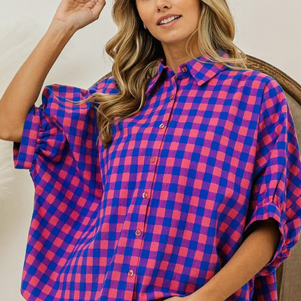 BiBi Plaid Button Up Dolman Sleeve Shirt