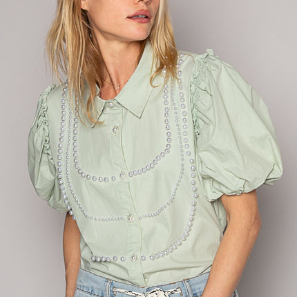 POL Pearl Detail Button Up Puff Sleeve Shirt