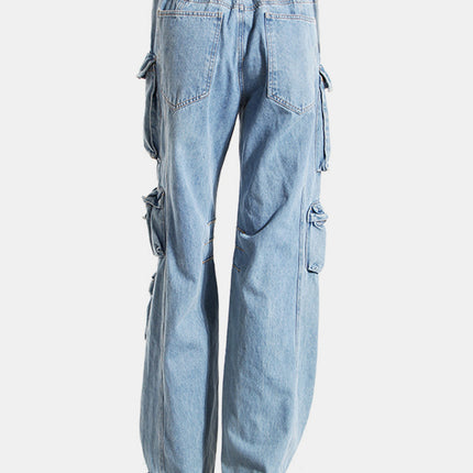 Washed Wide Leg Cargo Jeans