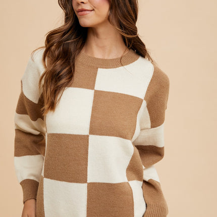 Annie Wear Checkered Round Neck Dropped Shoulder Sweater