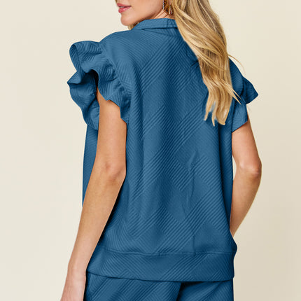 Double Take Full Size Texture Flounce Sleeve Top and Drawstring Shorts Set - Vickie Lynn's