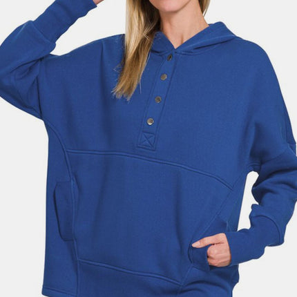 Zenana Half Snap Long Sleeve Hoodie with Kangaroo Pocket