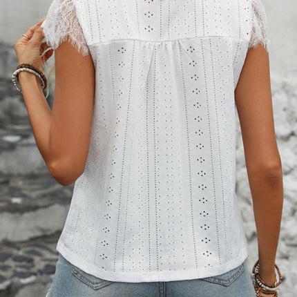 Eyelet Lace Detail V-Neck Cap Sleeve Top