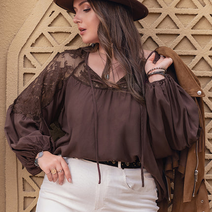 Plus Size Lace Detail Tie Neck Long Sleeve Blouse