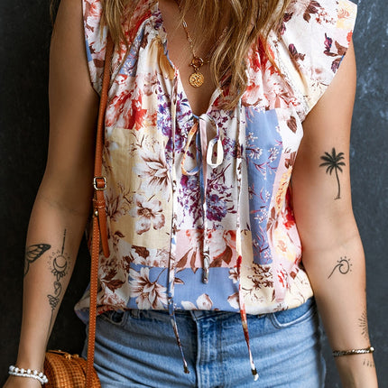 Printed Tie Neck Cap Sleeve Blouse