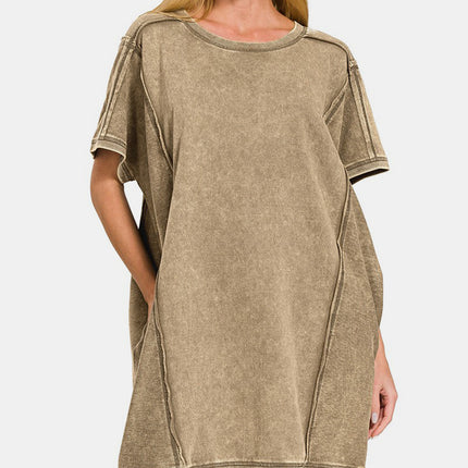 Zenana Washed Exposed Seam Mini Tee Dress