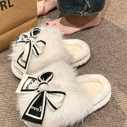 Bow Furry Round Toe Slippers