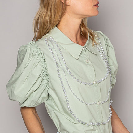 POL Pearl Detail Button Up Puff Sleeve Shirt