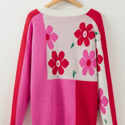 Flower Color Block Round Neck Sweater