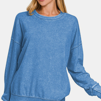 Zenana Washed Round Neck Dropped Shoulder Sweatshirt