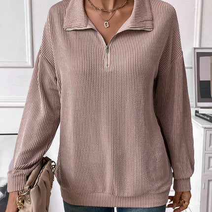 Double Take Striped Half Zip Long Sleeve T-Shirt