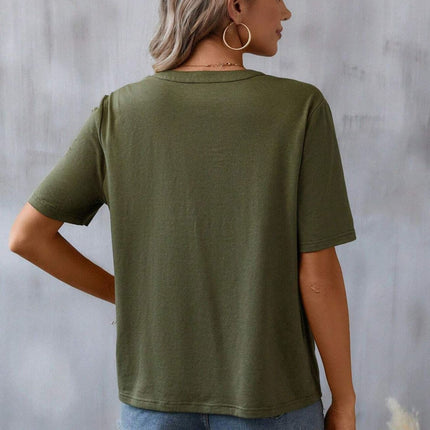 Embroidered Notched Short Sleeve T-Shirt