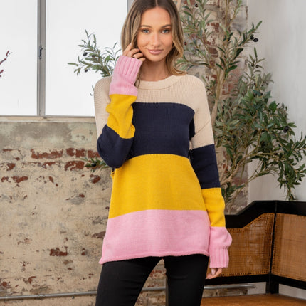 Sew In Love Full Size Color Block Exposed Seam Sweater