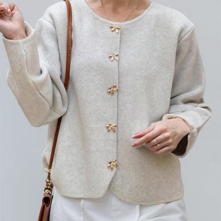 Bow Button Down Round Neck Long Sleeve Cardigan