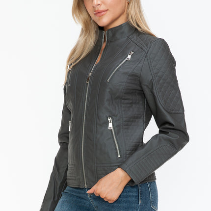 Snobbish Faux Leather Zip Up Mock Neck Jacket