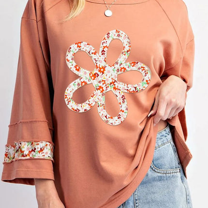 Exposed Seam Slit Floral Round Neck Blouse