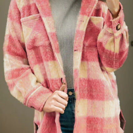 Slit Plaid Collared Neck Shacket