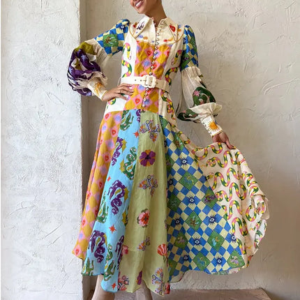 2023 Autumn Print Holiday Women Beach Dress With Belts A-line Long Lantern Sleeve Single Breasted Lapel Seaside Dresses Robe