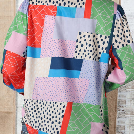 Double Take Patchwork Puff Sleeve Collared Shirt