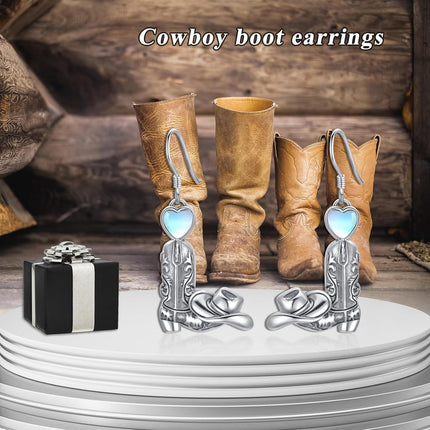925 Sterling Silver Cowboy Boot & Hat Dangle Earrings with Heart Charm