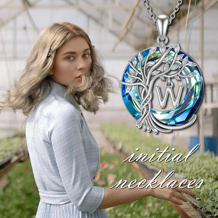 925 Sterling Silver Blue Crystal Tree of Life Initial Necklace Family Letter Pendant Birthday Mother s Day Gifts for Her