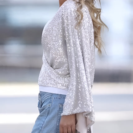 Tied Sequin Surplice Flare Sleeve Blouse